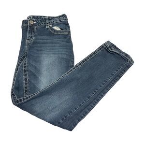 Rue 21 Jeans Low Rise Skinny Blue Denim Embroidered Juniors W 32 L 28.5